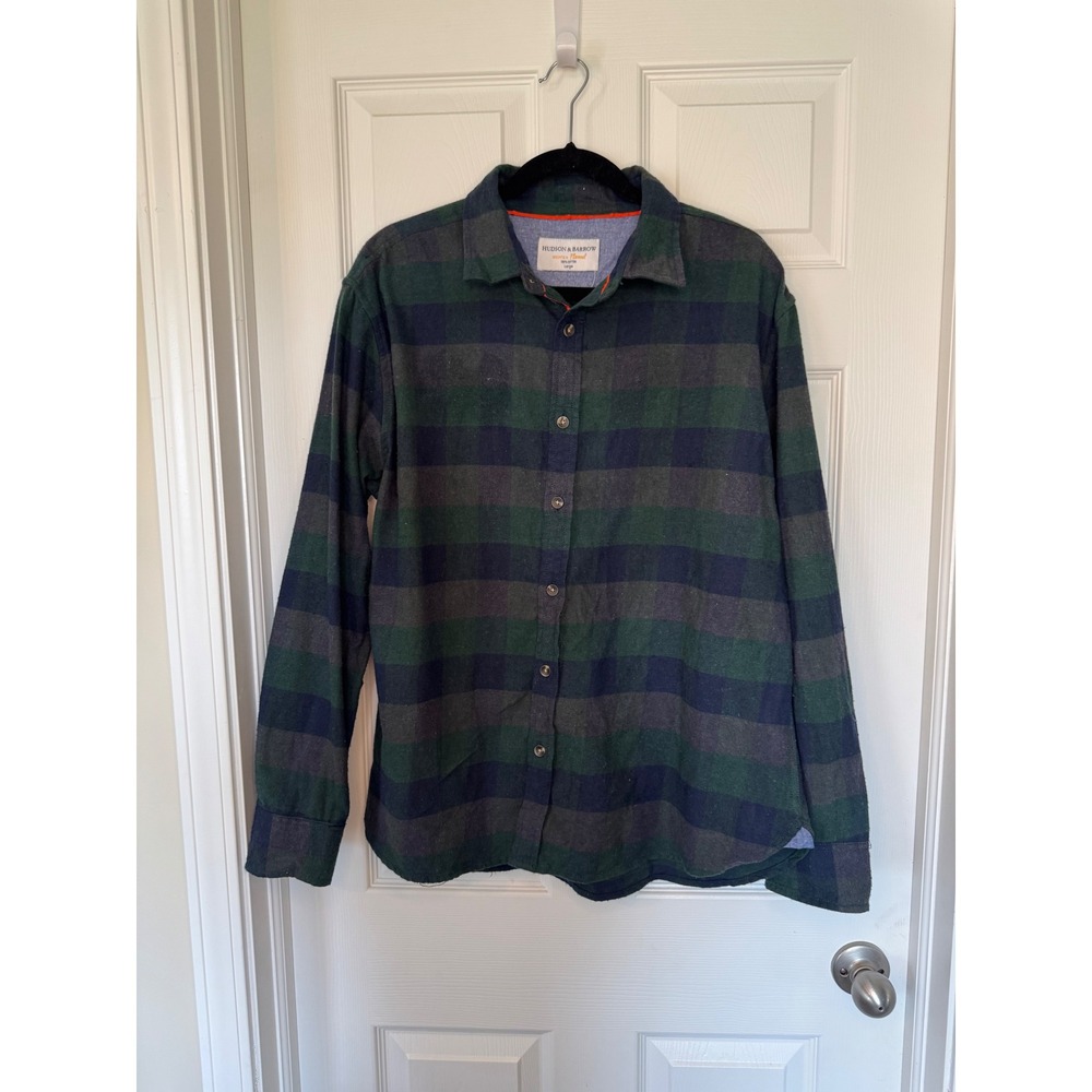 100% Cotton Hudson & Barrow Mountain Flannel Shirt Mens Large Green Navy Blue